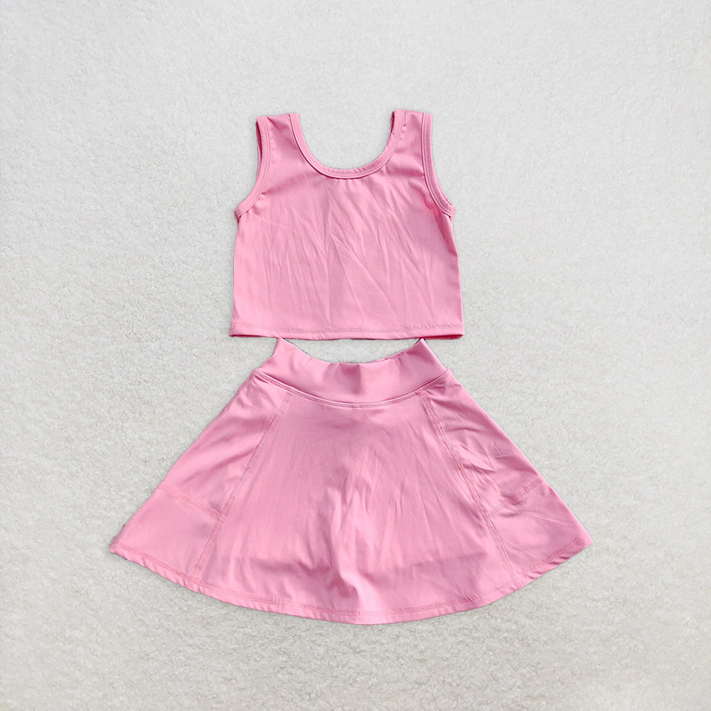 GSD1978RTS NO MOQ Baby Girls Yoga Outfits Dark Pink Sleeveless Top Skirt Set Kids Girls Active Wear Outfit