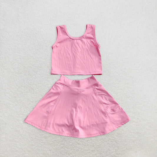 GSD1978RTS NO MOQ Baby Girls Yoga Outfits Dark Pink Sleeveless Top Skirt Set Kids Girls Active Wear Outfit