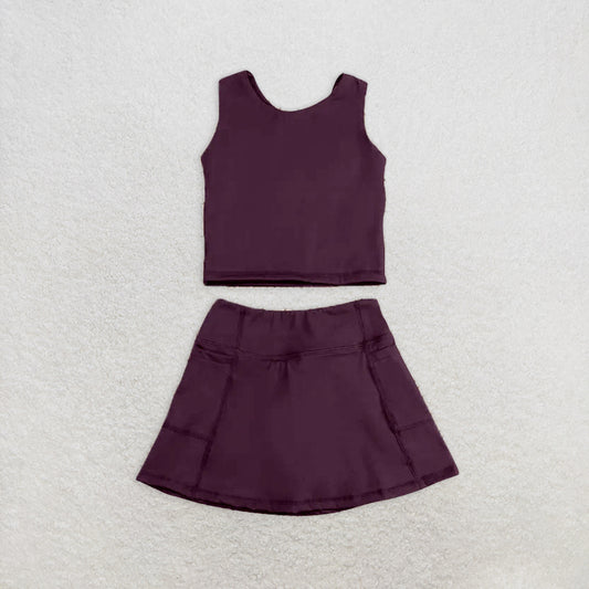 6.16  GSD1981 RTS NO MOQ Baby Girls Yoga Outfits Brown sleeveless top skirt kids girls active wear set