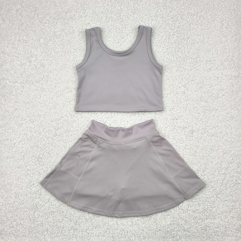 7.15  GSD1983 RTS NO MOQ Baby Girls Yoga Outfits Baby Girls Active Gray Sleeveless Top Pockets Skirt Yoga Set
