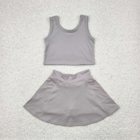 7.15  GSD1983 RTS NO MOQ Baby Girls Yoga Outfits Baby Girls Active Gray Sleeveless Top Pockets Skirt Yoga Set