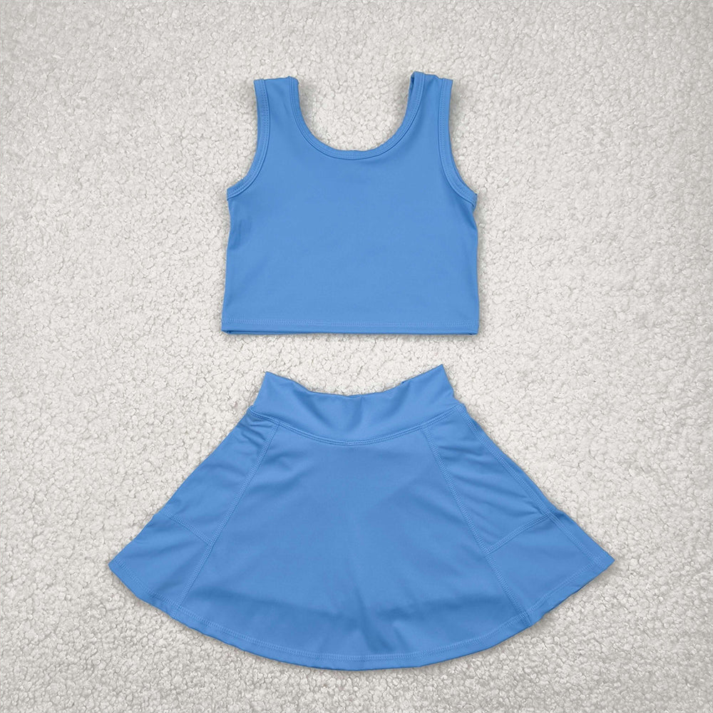6.04   GSD1985RTS NO MOQ Baby Girls Yoga Outfits  Light blue sleeveless top skirt kids girls active wear set