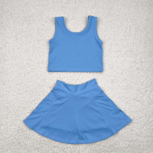 6.04   GSD1985RTS NO MOQ Baby Girls Yoga Outfits  Light blue sleeveless top skirt kids girls active wear set