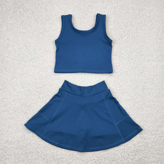 5.15  GSD1986 RTS NO MOQ Baby Girls Yoga Outfits Dark blue sleeveless top skirt kids girls active wear set