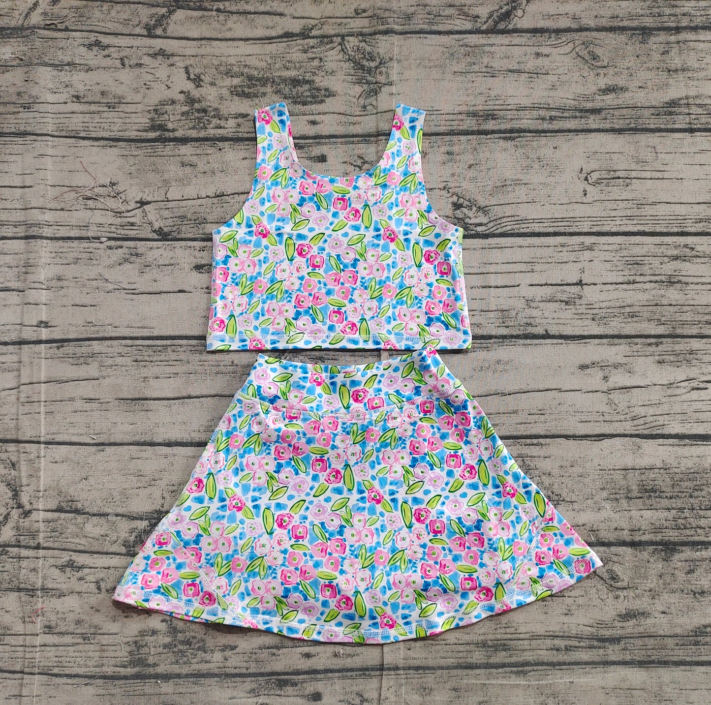 GSD1988Girls Blue Floral Activewear Set Sleeveless Top And Skirt Outfit for Kids