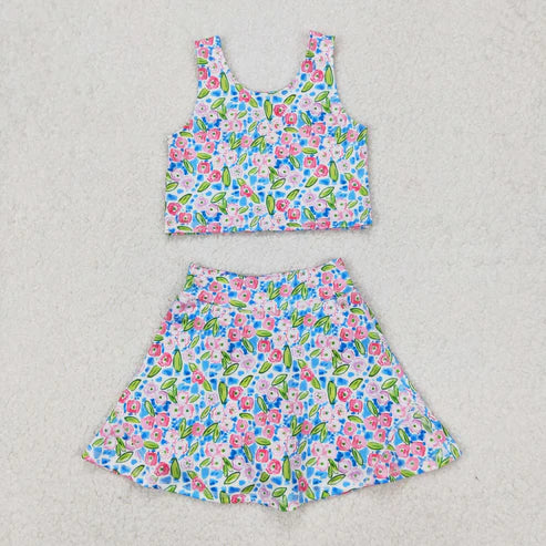 10.11 RTS Sibling Baby Girls Flowers Bows Sleeveless Vest Yoga Athletic Skorts Sets