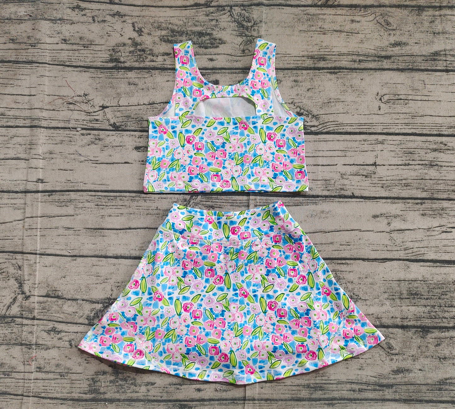 GSD1988Girls Blue Floral Activewear Set Sleeveless Top And Skirt Outfit for Kids