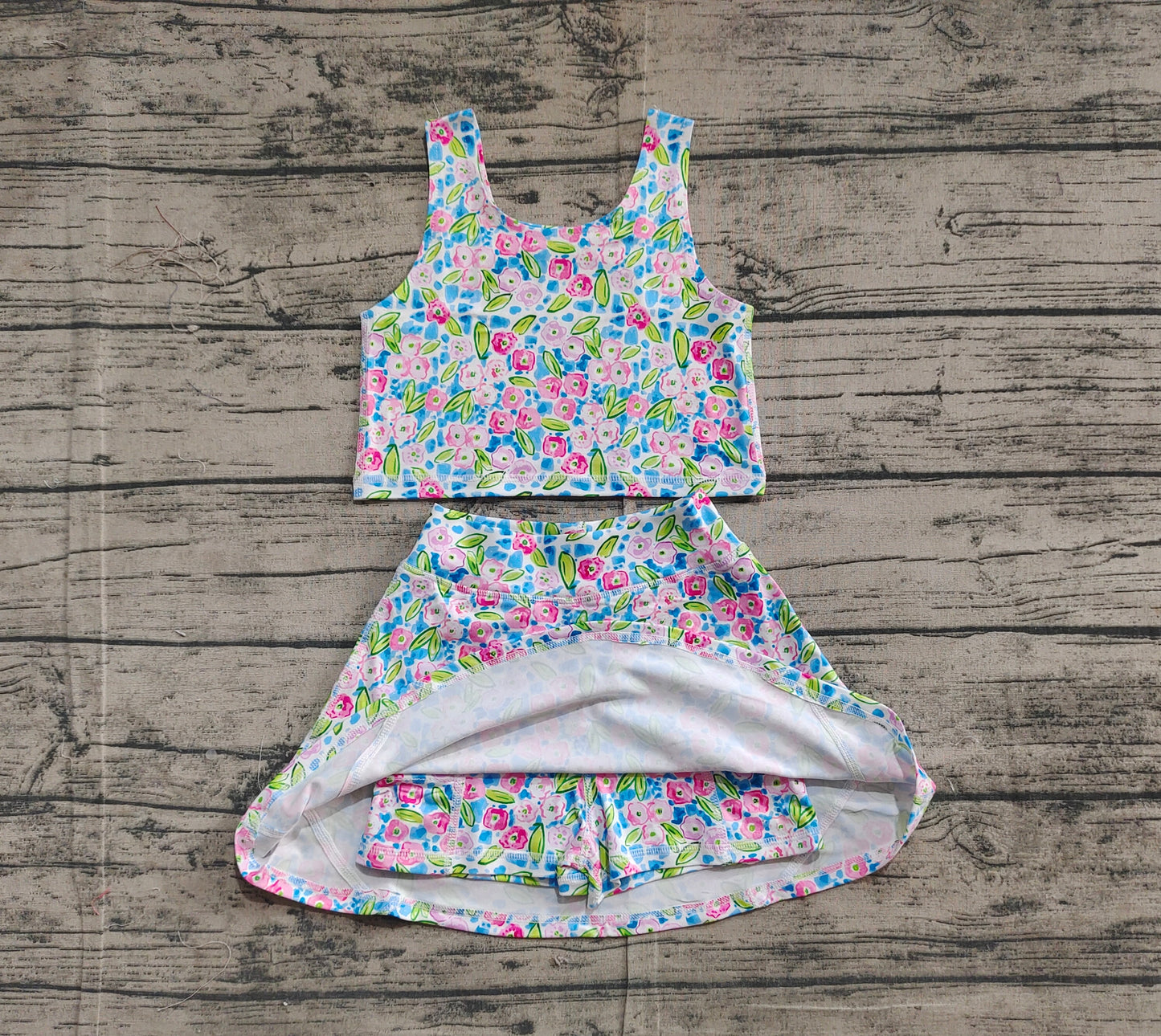 GSD1988Girls Blue Floral Activewear Set Sleeveless Top And Skirt Outfit for Kids