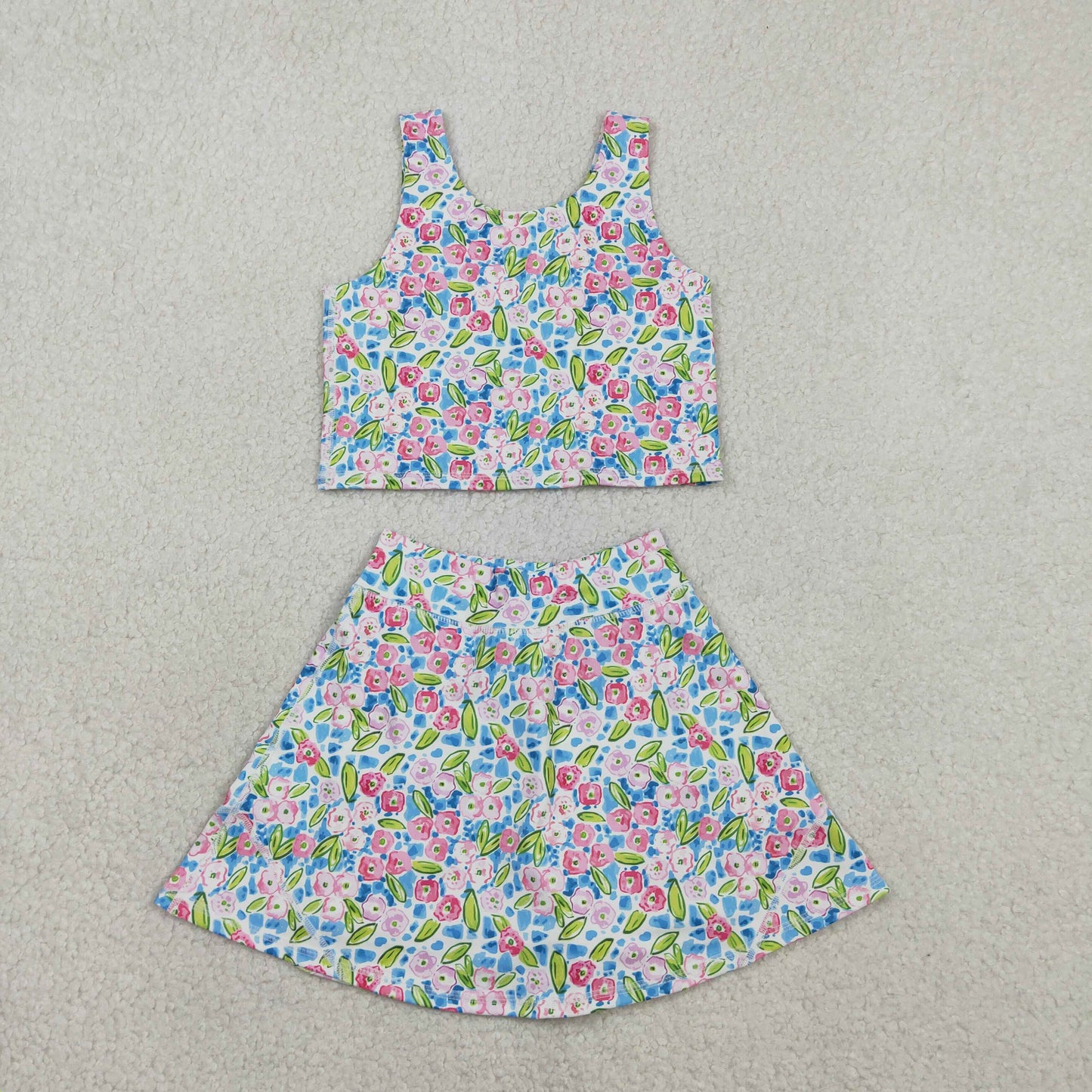 2.10 RTS NO MOQ （In stock）GSD1988 Kids Fashion Clothes Baby Girls Blue Pink Flowers Vest Top Shorts Skirts Yoga Active Set
