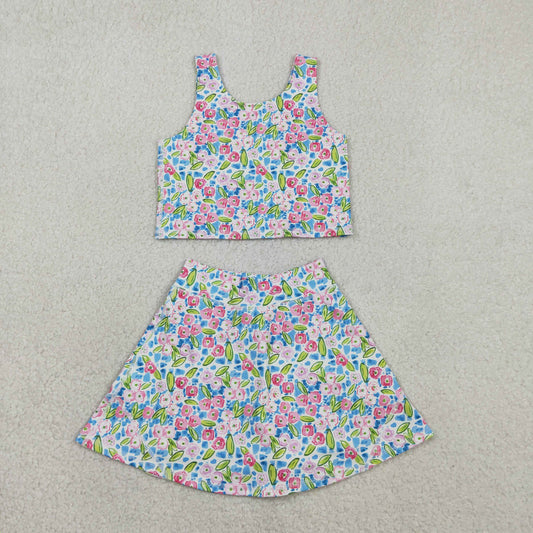 2.10 RTS NO MOQ （In stock）GSD1988 Kids Fashion Clothes Baby Girls Blue Pink Flowers Vest Top Shorts Skirts Yoga Active Set