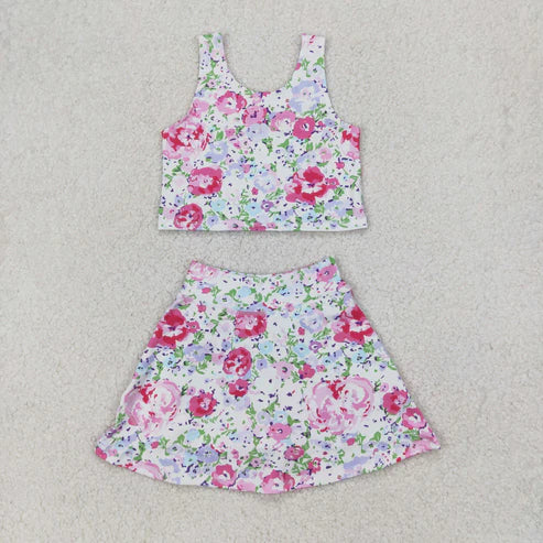 10.11 RTS Sibling Baby Girls Flowers Bows Sleeveless Vest Yoga Athletic Skorts Sets