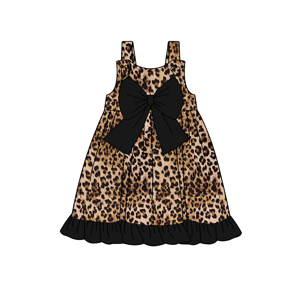 Girls Leopard Straps Black Bow Tunic Short Set Cute Animal Print Outfit for Kids