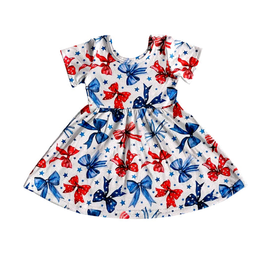 GSD1993Kids Girls Short Sleeve Red Blue Bow Dress 4th of July Patriotic Outfit for Children's Clothing