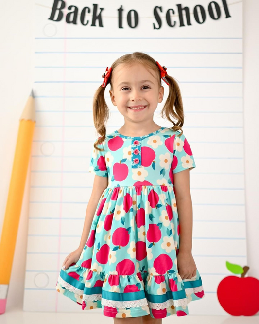 GSD1994Apple Floral Ruffle Short Sleeve Girls Back to School Dresses Cute Children's Fashion for Female Students