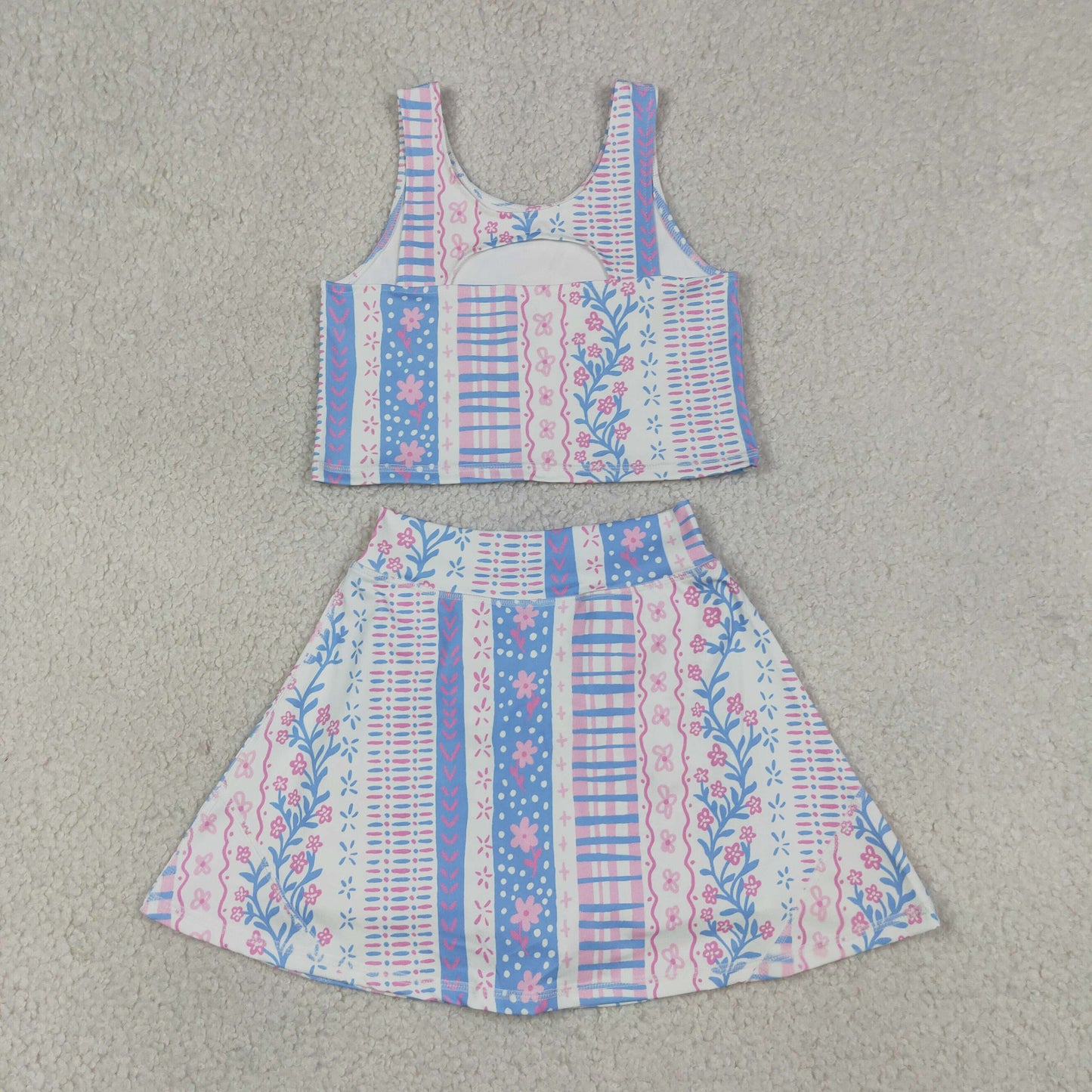 GSD1995 RTS NO MOQ （In stock）Baby Girls Blue Pink Flowers Athletic Active Wear Top Shorts Skirts Clothes Sets