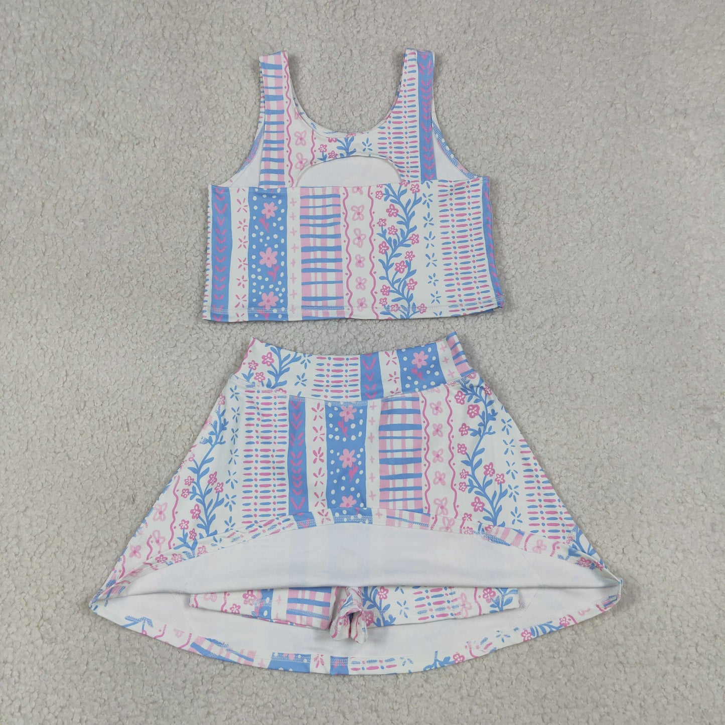 GSD1995 RTS NO MOQ （In stock）Baby Girls Blue Pink Flowers Athletic Active Wear Top Shorts Skirts Clothes Sets
