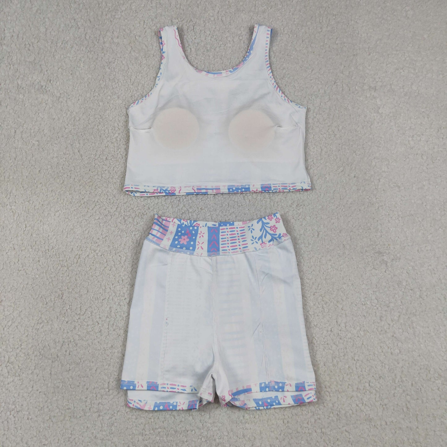 GSD1995 RTS NO MOQ （In stock）Baby Girls Blue Pink Flowers Athletic Active Wear Top Shorts Skirts Clothes Sets
