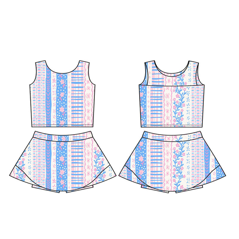 Girls Sleeveless Top Skirt Set Pink Blue Floral Print Activewear Outfit for Kids