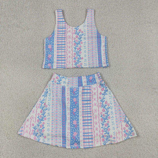 GSD1995 RTS NO MOQ （In stock）Baby Girls Blue Pink Flowers Athletic Active Wear Top Shorts Skirts Clothes Sets