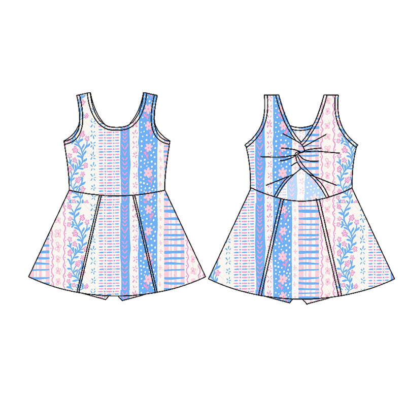 Girls Sleeveless Top Skirt Set Pink Blue Floral Print Activewear Outfit for Kids