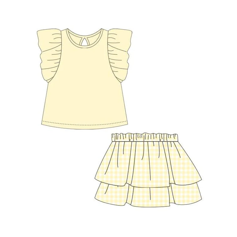 Girls Pink Plaid Skirt And Flutter Sleeve Top Clothing Set Cute Preppy Outfit for Kids