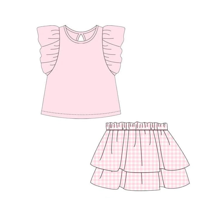 Girls Pink Plaid Skirt And Flutter Sleeve Top Clothing Set Cute Preppy Outfit for Kids
