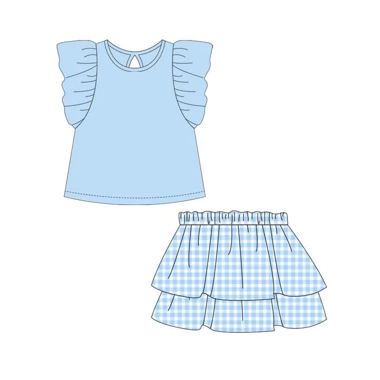 Girls Pink Plaid Skirt And Flutter Sleeve Top Clothing Set Cute Preppy Outfit for Kids
