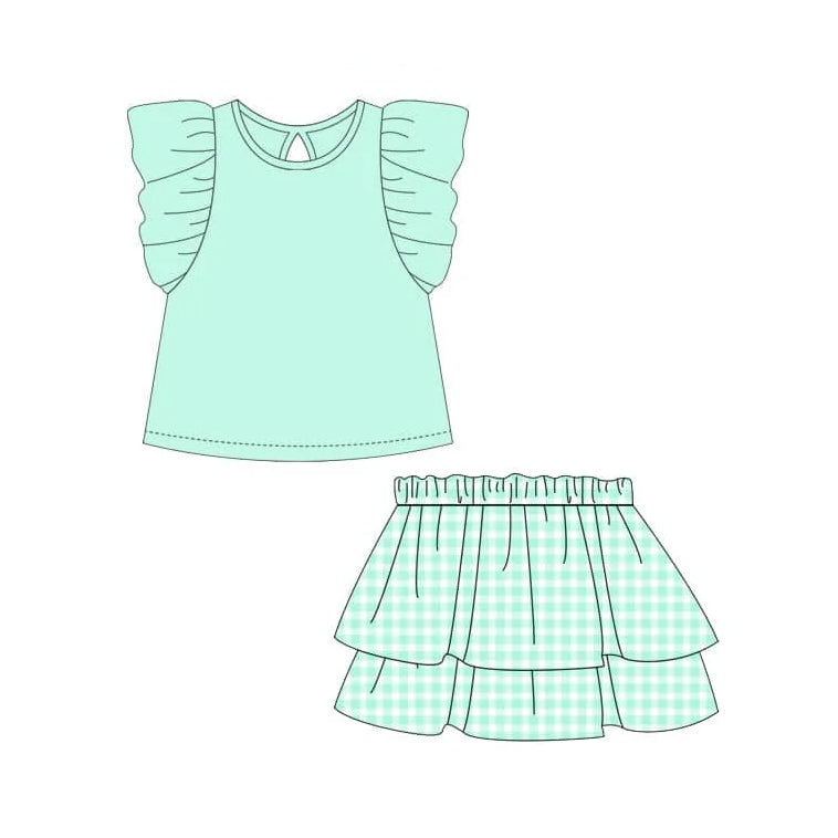 Girls Pink Plaid Skirt And Flutter Sleeve Top Clothing Set Cute Preppy Outfit for Kids
