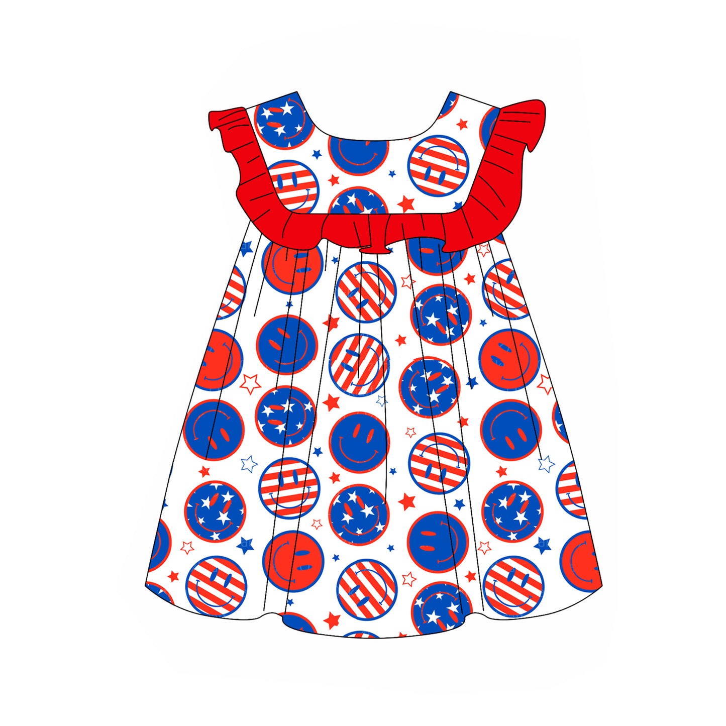 Kids Girls Red Ruffle Stars & Stripes Smiley 4th of July Outfit Set - Patriotic Clothing for Children's Events