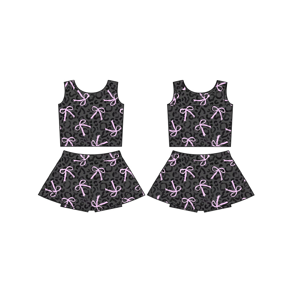 Kids Girls Sleeveless Leopard Print Bow Top Black Pink Casual Fashion Children's Clothing