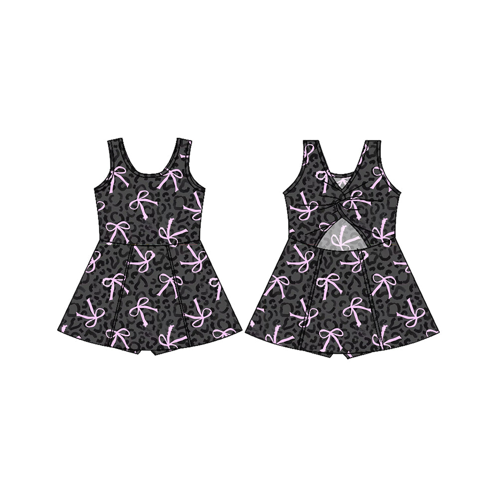 Kids Girls Sleeveless Leopard Print Bow Top Black Pink Casual Fashion Children's Clothing