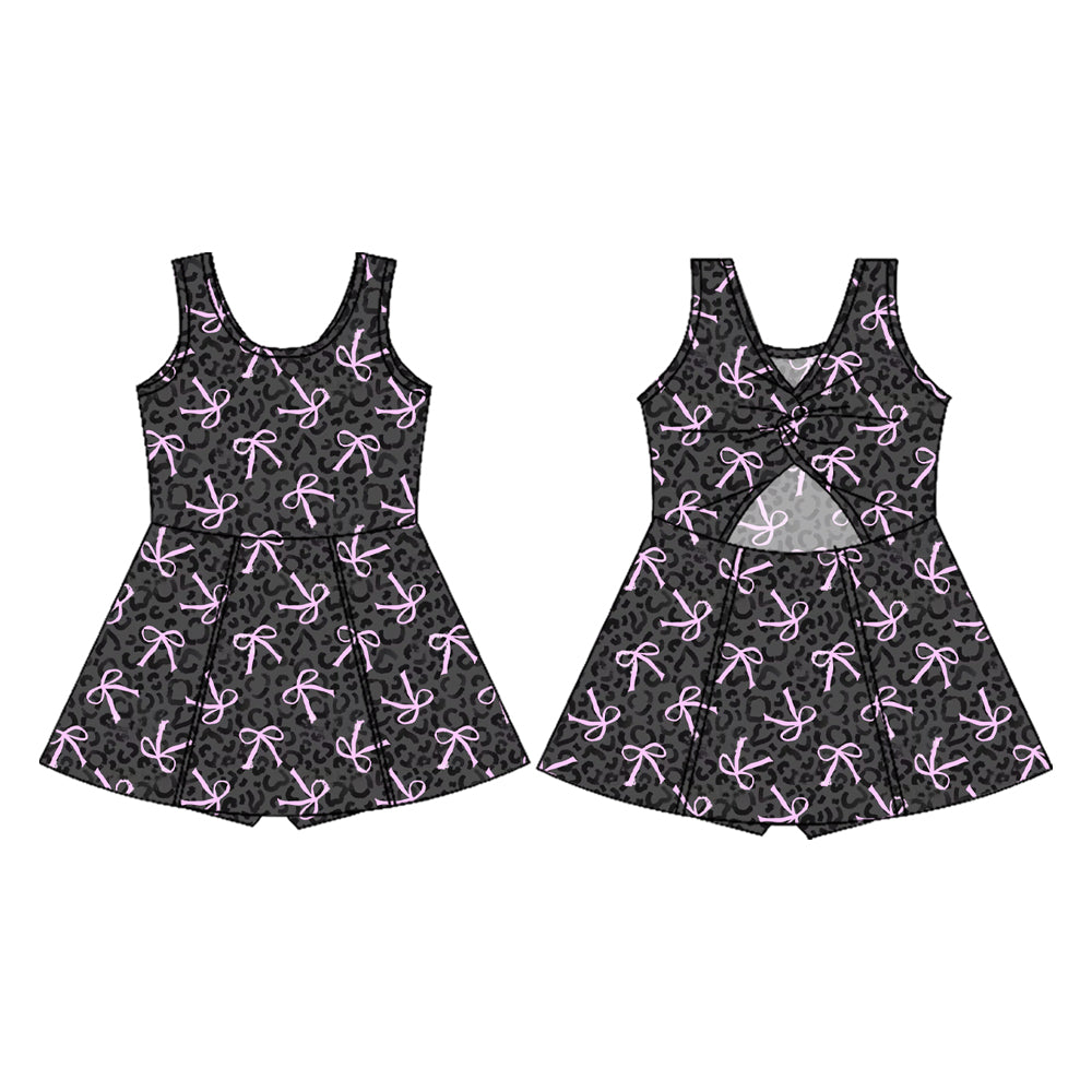 Kids Girls Sleeveless Leopard Print Bow Top Black Pink Casual Fashion Children's Clothing