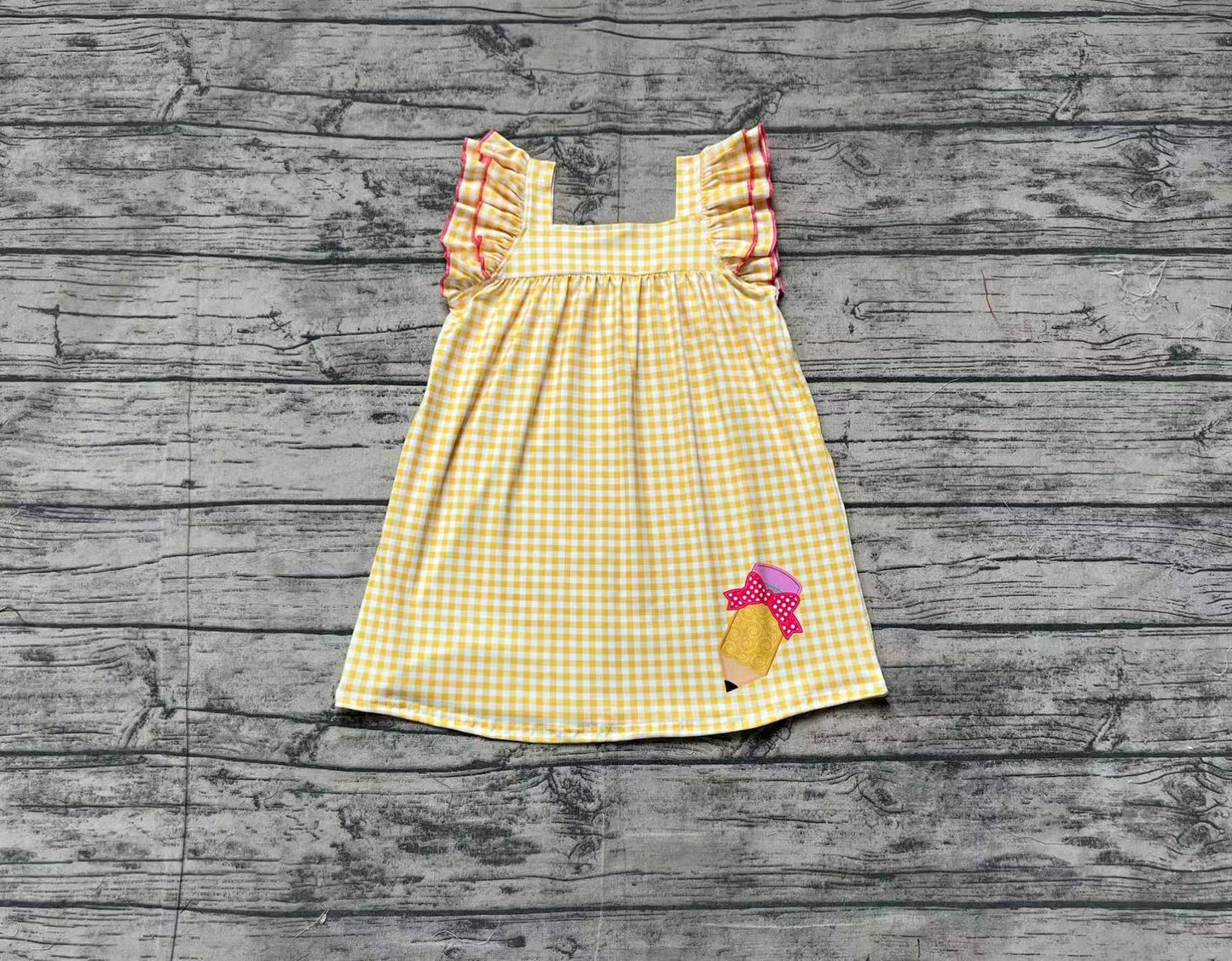 GSD2012Yellow Plaid Flutter Sleeve School Dress for Girls