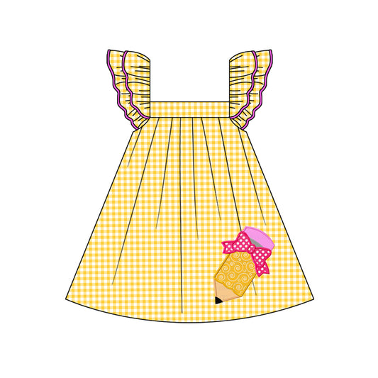 GSD2012Girls Yellow Plaid Pencil Dress with Flutter Sleeves Cute Back to School Dress for Kids