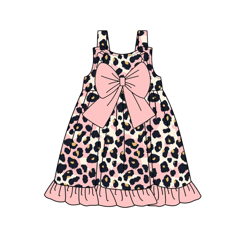 Girls Leopard Pink Bow Tunic Ruffle Shorts Set Straps Cute Animal Print Outfit for Kids