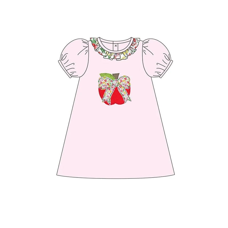 Girls Floral Ruffle Pink Apple Bow Dress Cute Back to School Outfit for Kids
