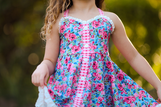 GSD2018Baby Girls Pink Plaid Straps Floral Button Summer Dresses Cute Infant Girl Clothing Set