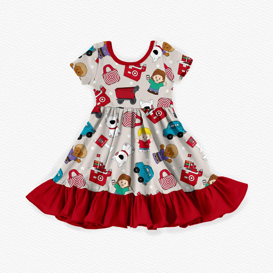 GSD2024Red Ruffle Short Sleeve Dress for Kids Girls Cartoon Car Print Casual Fashionable Clothing for Children