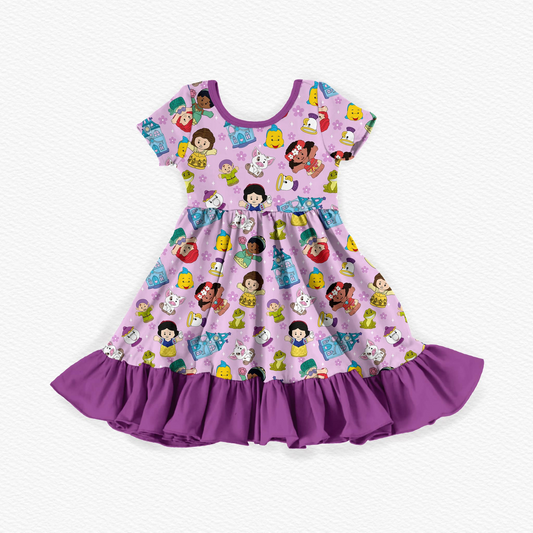 GSD2025Kids Girls Purple Ruffle Princess Dress Short Sleeves Elegant Children's Fashion Clothing for Girls