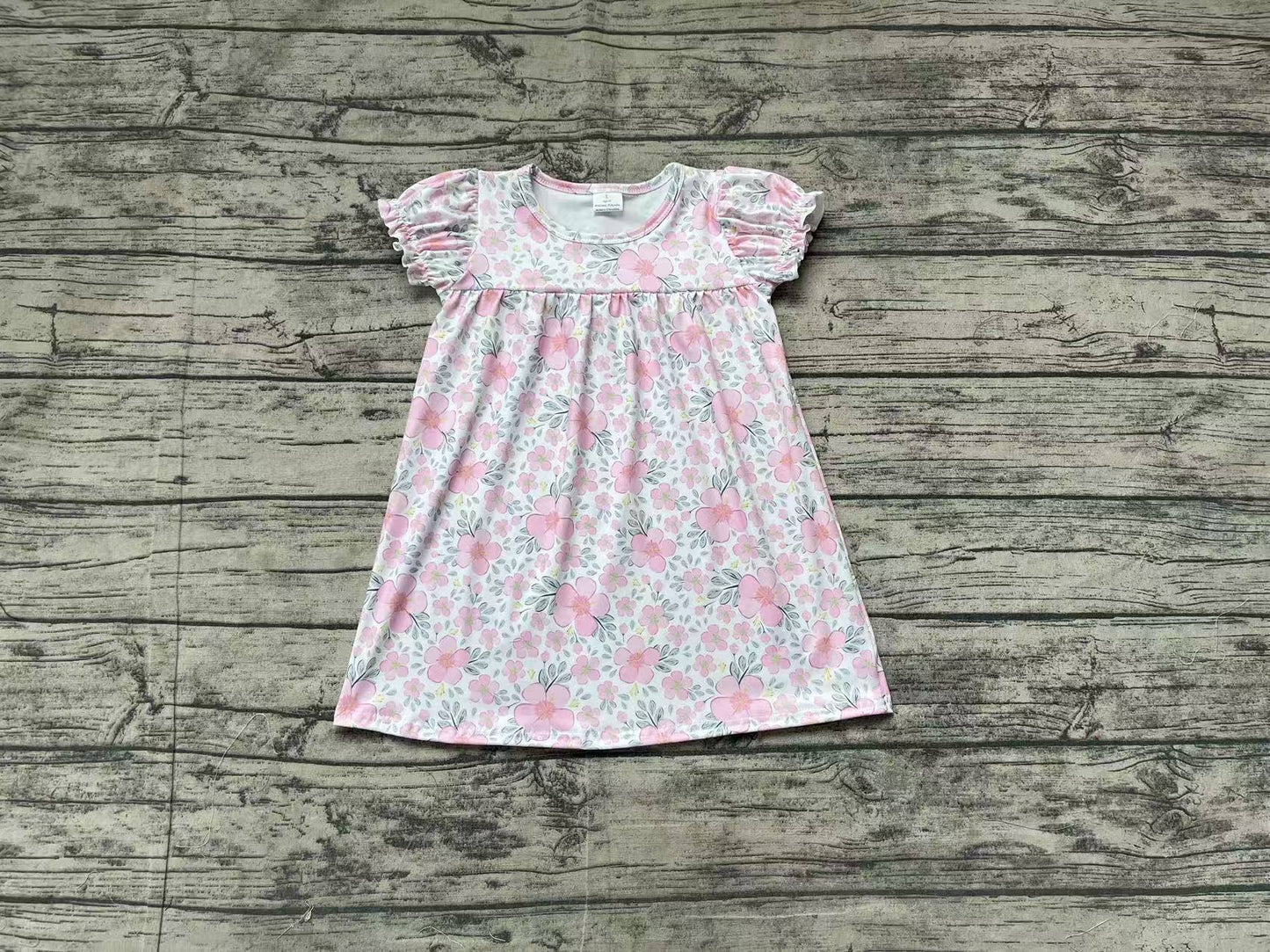 GSD2026Kids’ Girls’ Fashionable Pink Floral Print Short Sleeve Spring-Summer Dresses