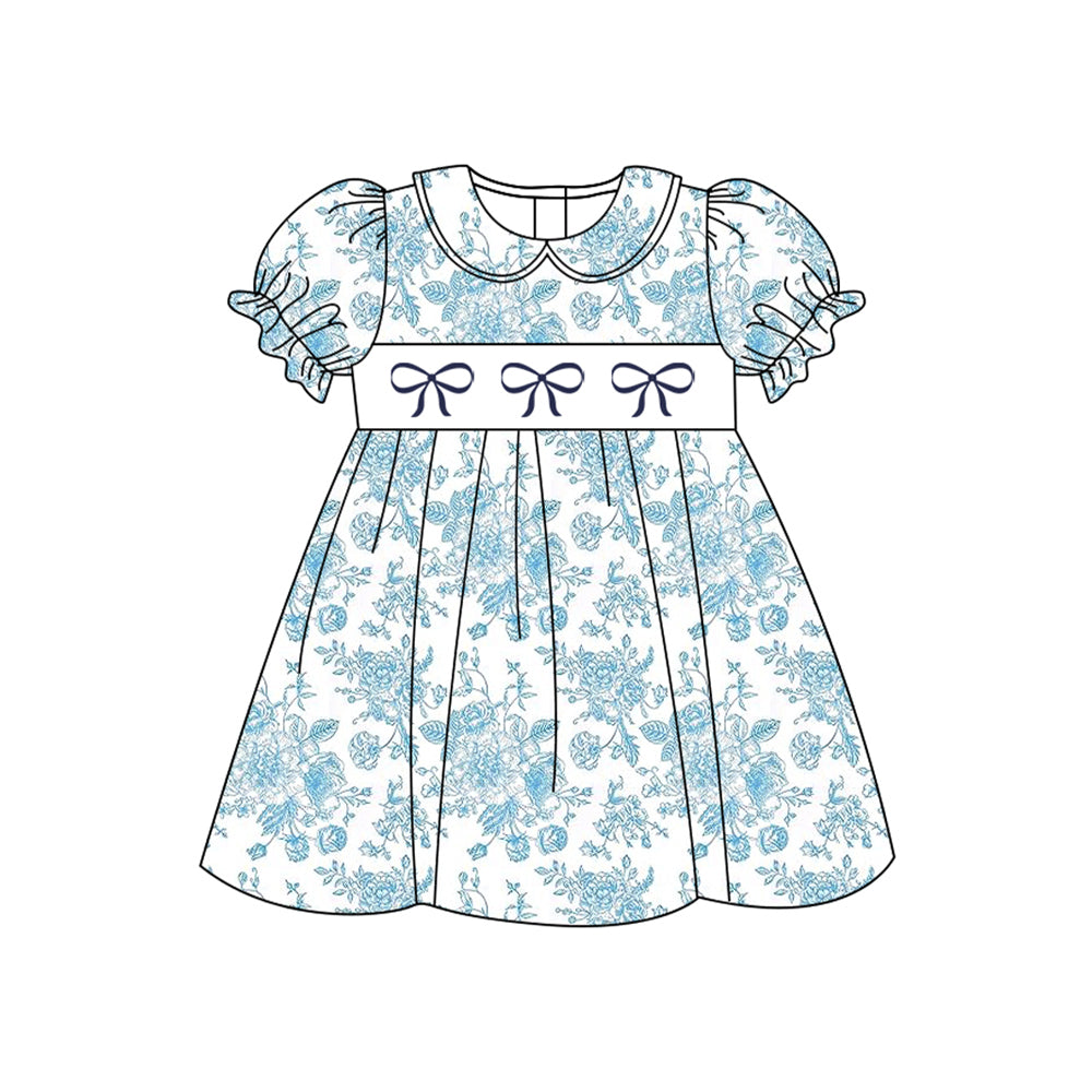 Light Blue Floral Bow Baby Girls Summer Dress Short Sleeves Cute Children's Clothing