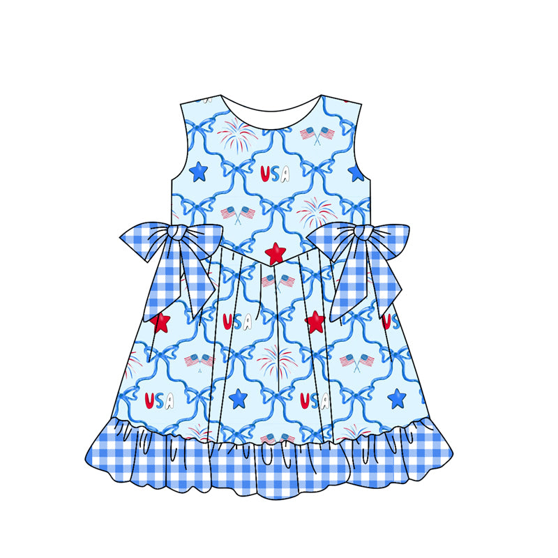 Kids Sleeveless Light Blue Bow Flag Stars Outfit Girls 4th of July Patriotic Clothing