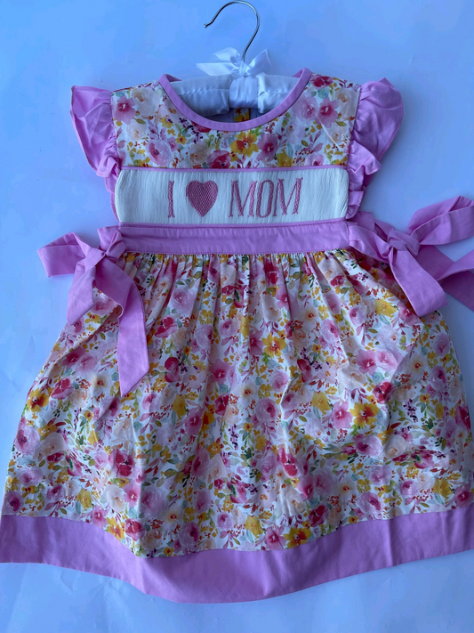 GSD2034Pink Floral Flutter Sleeve Baby Girls Dress 'I Love Mom' Printed Casual Dresses for Little Girls Infant Clothing