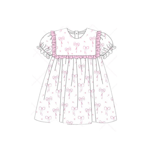 GSD2036Pink Ruffle Short Sleeve Bows Dress Baby Girls Summer Casual Vintage Style Dress