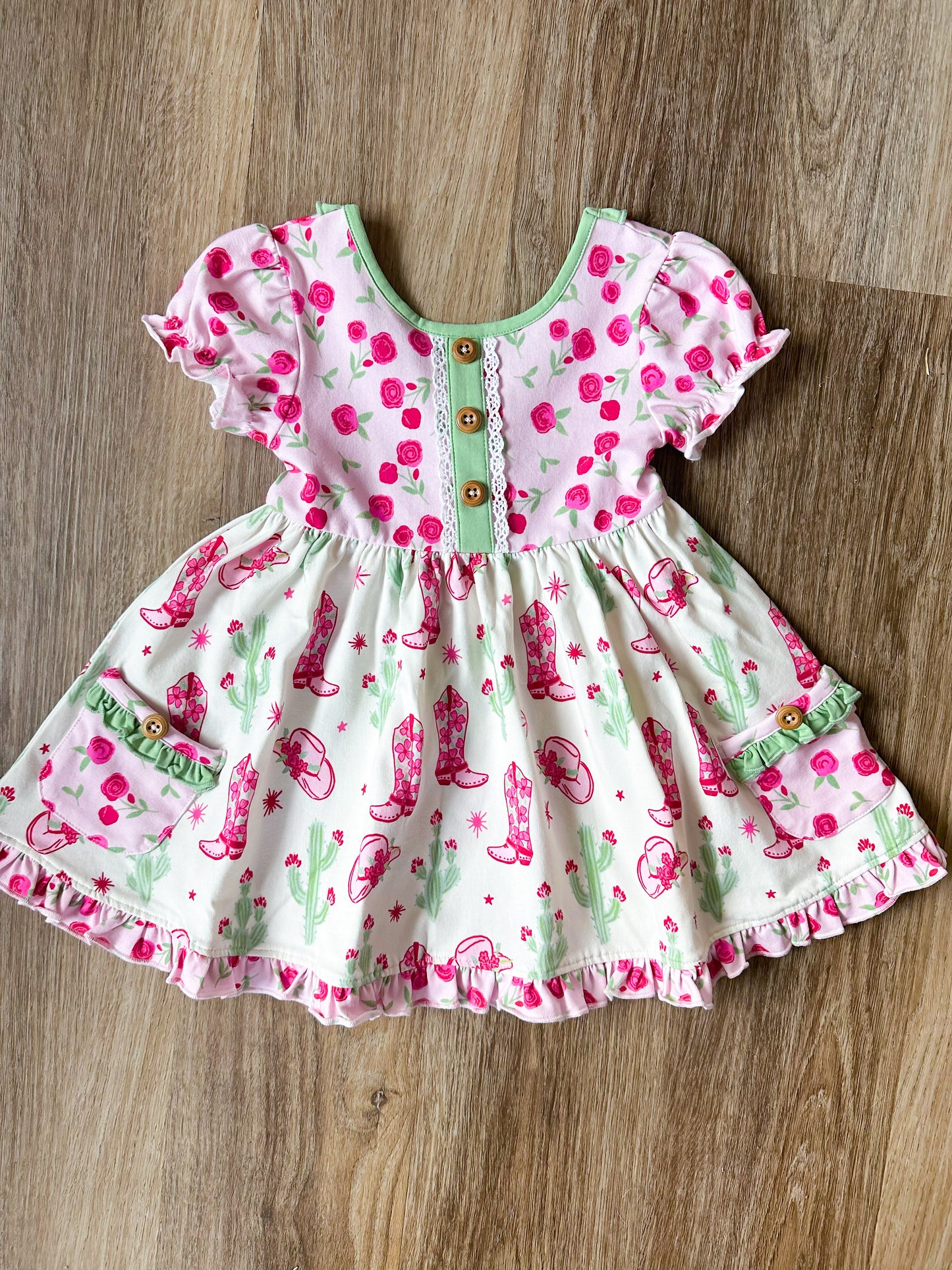 GSD2038Girls Western Dress Short Sleeves Pink Floral Boots Cactus Design Casual Party Wear