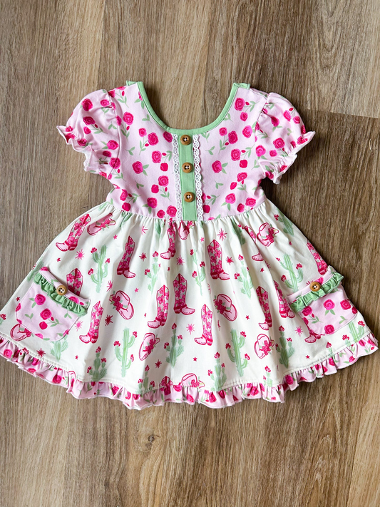 GSD2038Girls Western Dress Short Sleeves Pink Floral Boots Cactus Design Casual Party Wear