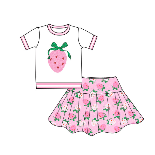 GSD2039Baby Girls Short Sleeve Top Skirt Set Strawberry Print Cute Children's Clothing Outfit for Little Girls