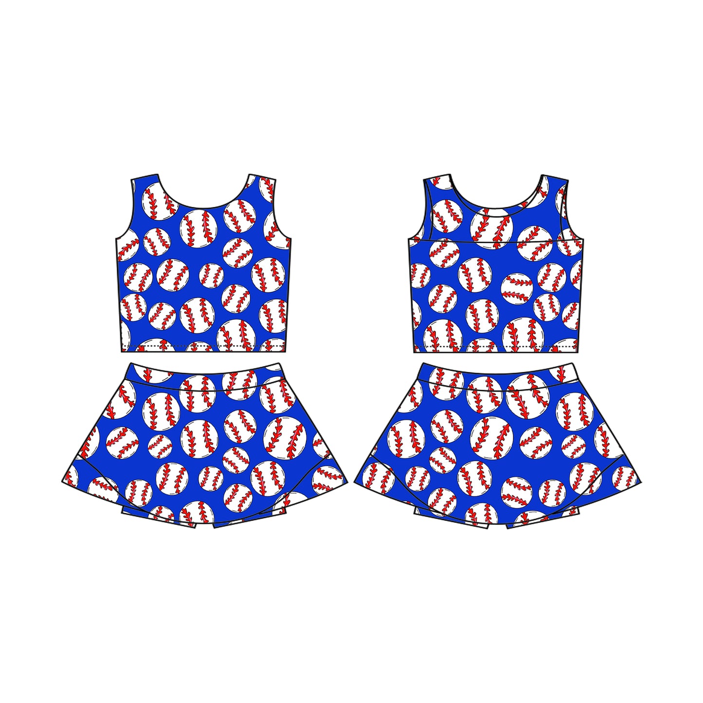 GSD2040Girls Sleeveless Blue Baseball Top Skirt Set Activewear Clothing Outfit for Kids