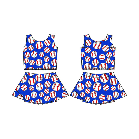 GSD2040Girls Sleeveless Blue Baseball Top Skirt Set Activewear Clothing Outfit for Kids