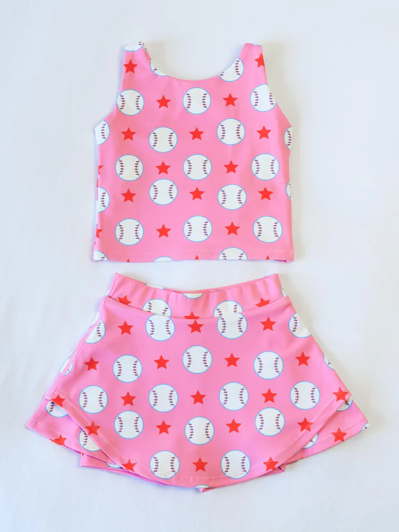 GSD2041Sleeveless Pink Baseball Top and Skirt for Girls, Activewear Clothing Set